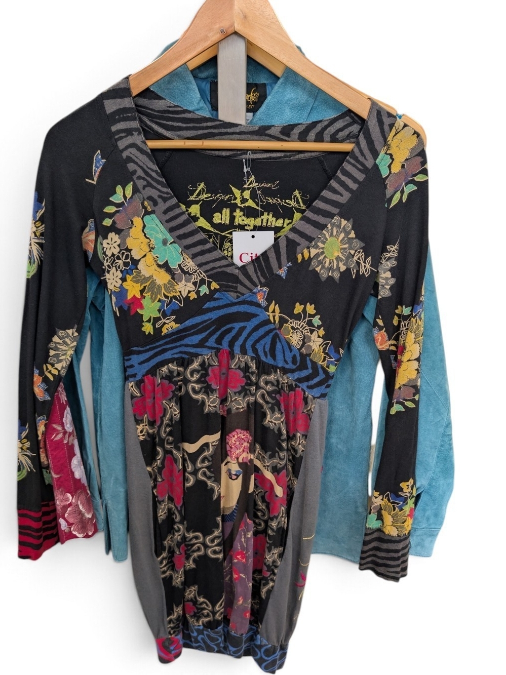 Y2K Vintage Desigual Dress- V-Neck Mixed-Print Long Sleeve Top - Black Multi